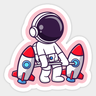 Cute Astronaut Lifting Rocket Barbell Cartoon Sticker